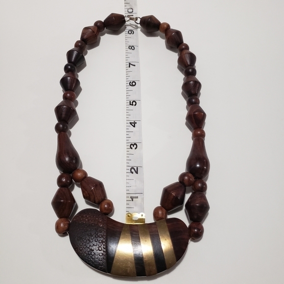 Vintage Chunky Wooden and Brass Statement Necklace - Picture 11 of 12
